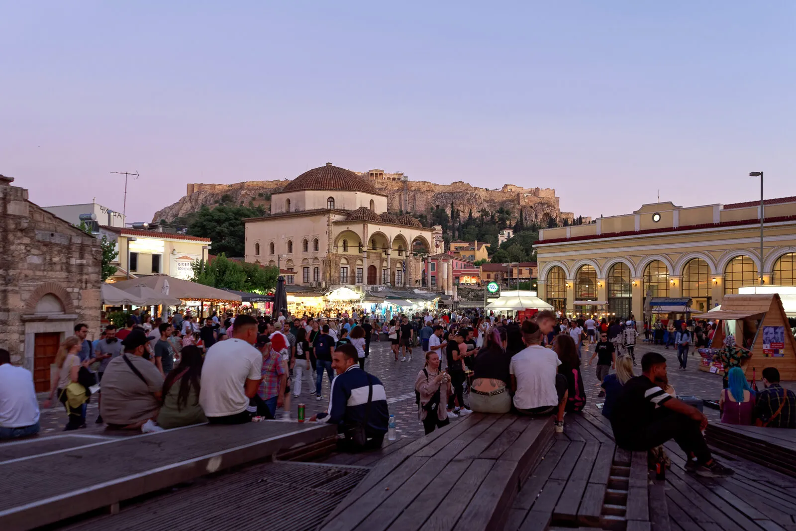 Monastiraki square in Athens with the Pantanassa church and the Acropolis behind