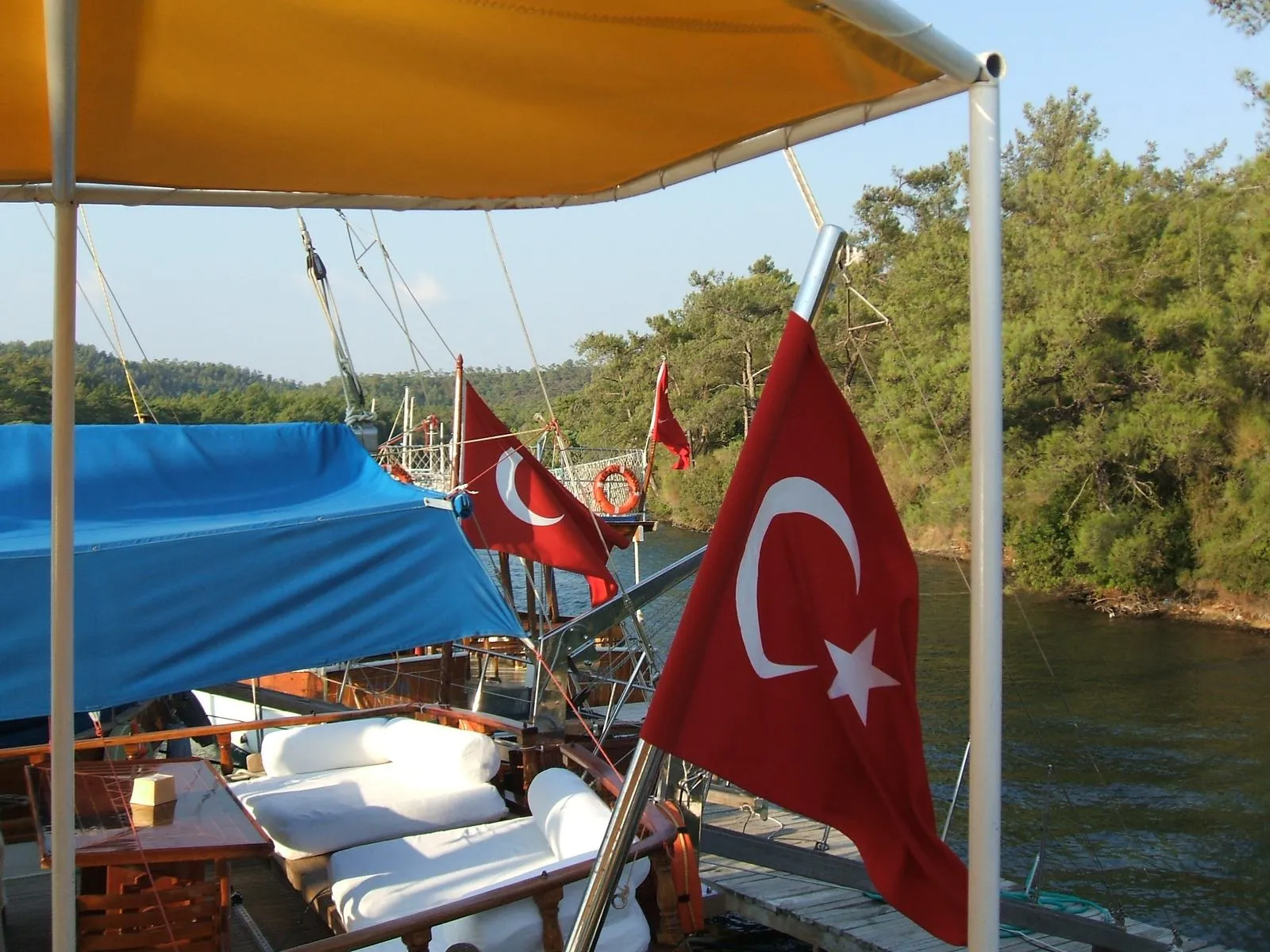 A wooden gulet anchored in the harbour at Bodrum, Turkey