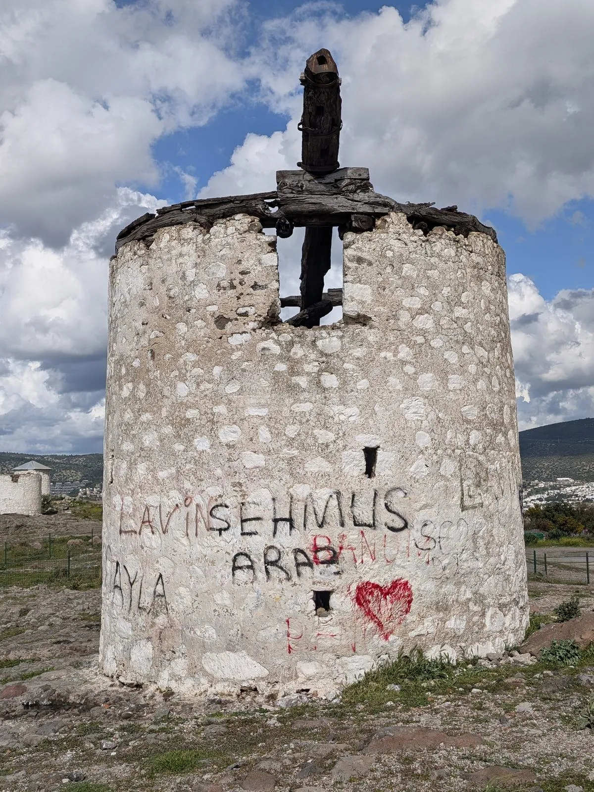A whitewashed windmill on the ridge above Bodrum, Turkey