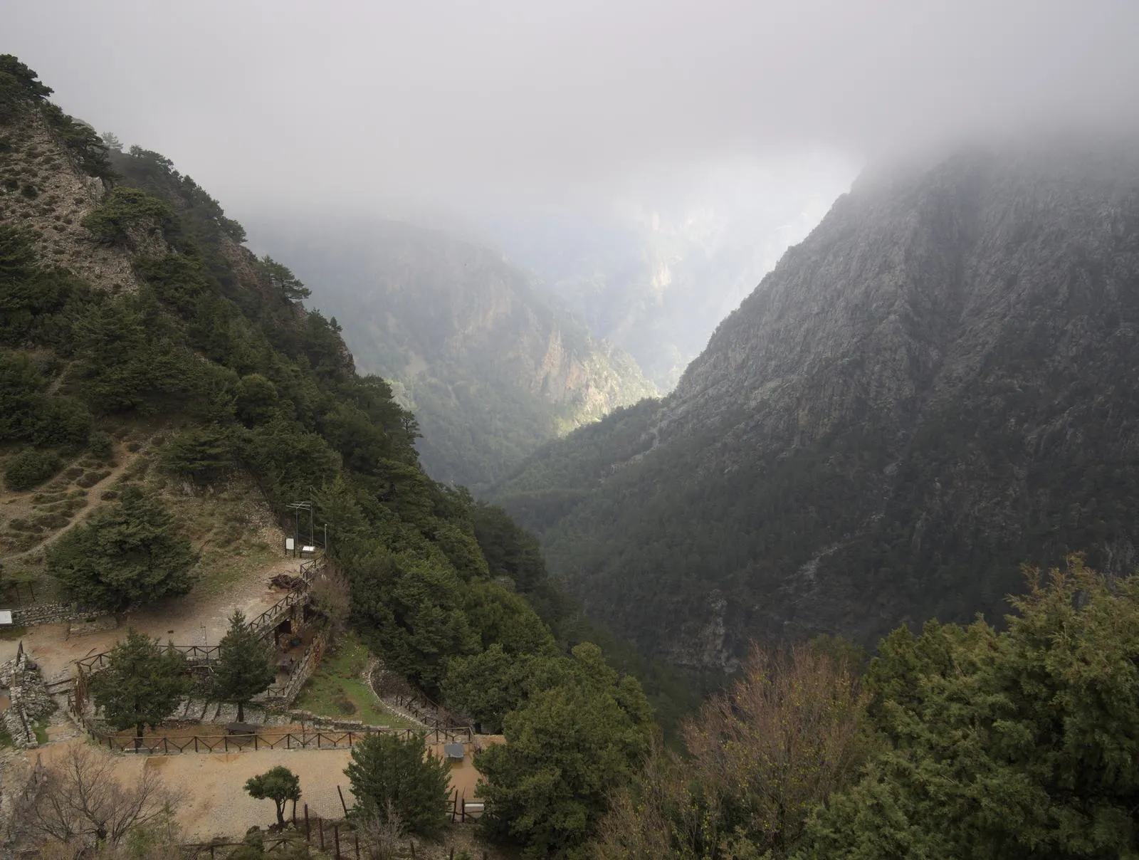 The rugged trail and cliffs of the Samaria Gorge in the White Mountains of Crete