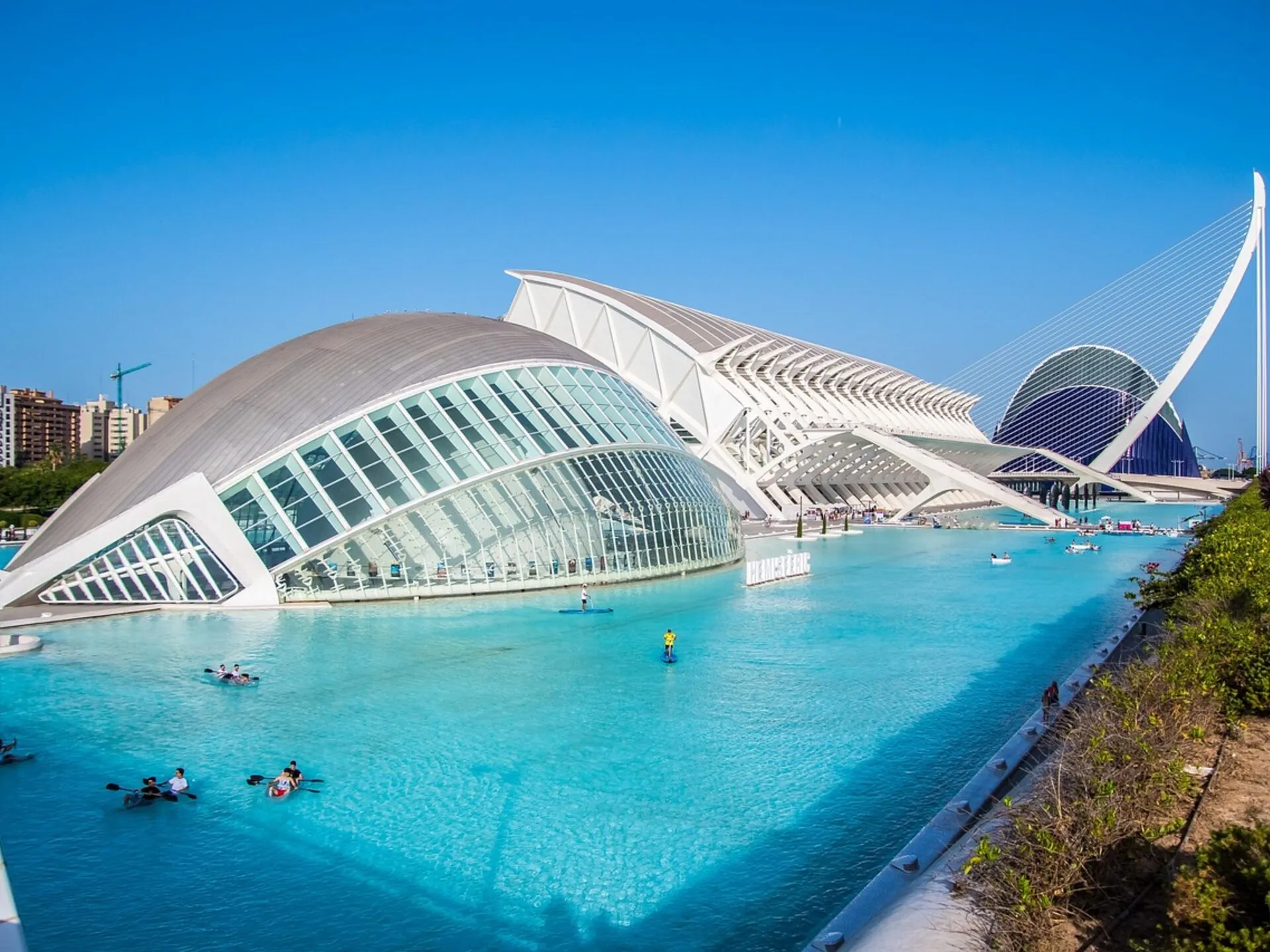 The City of Arts and Sciences in Valencia, Spain, reflected in a shallow pool