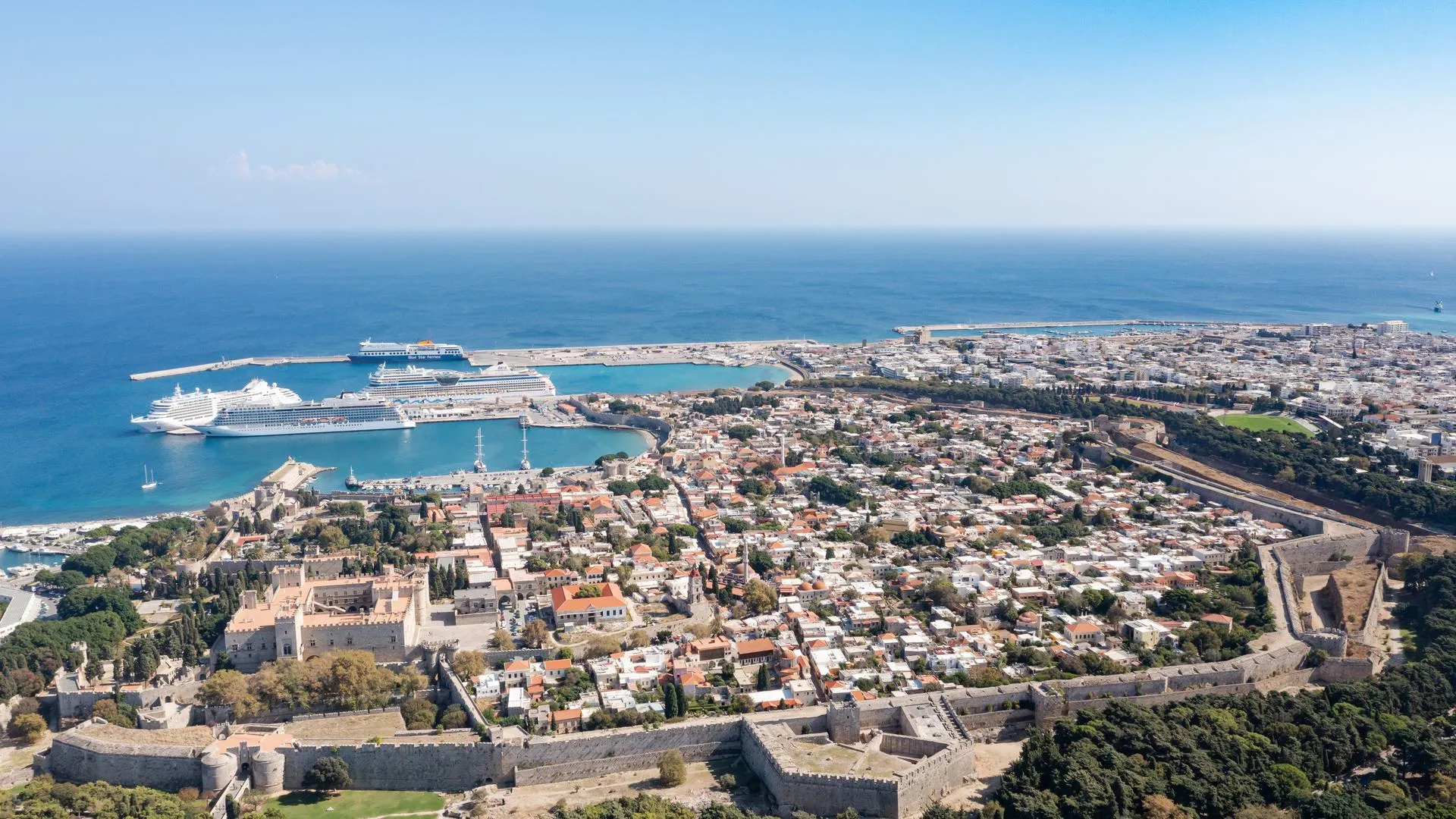 The walled medieval old town and harbour of Rhodes on the Aegean, seen from the air