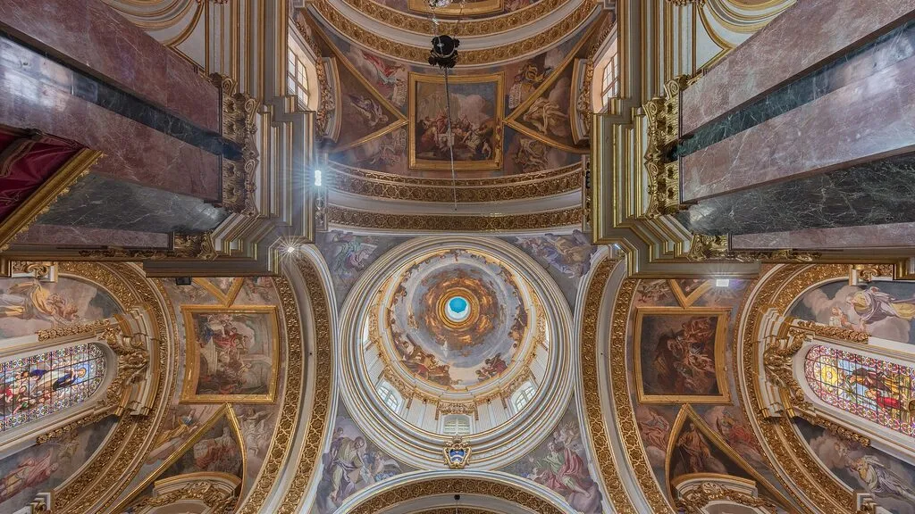 The painted dome interior of St Paul's Cathedral in Mdina, Malta