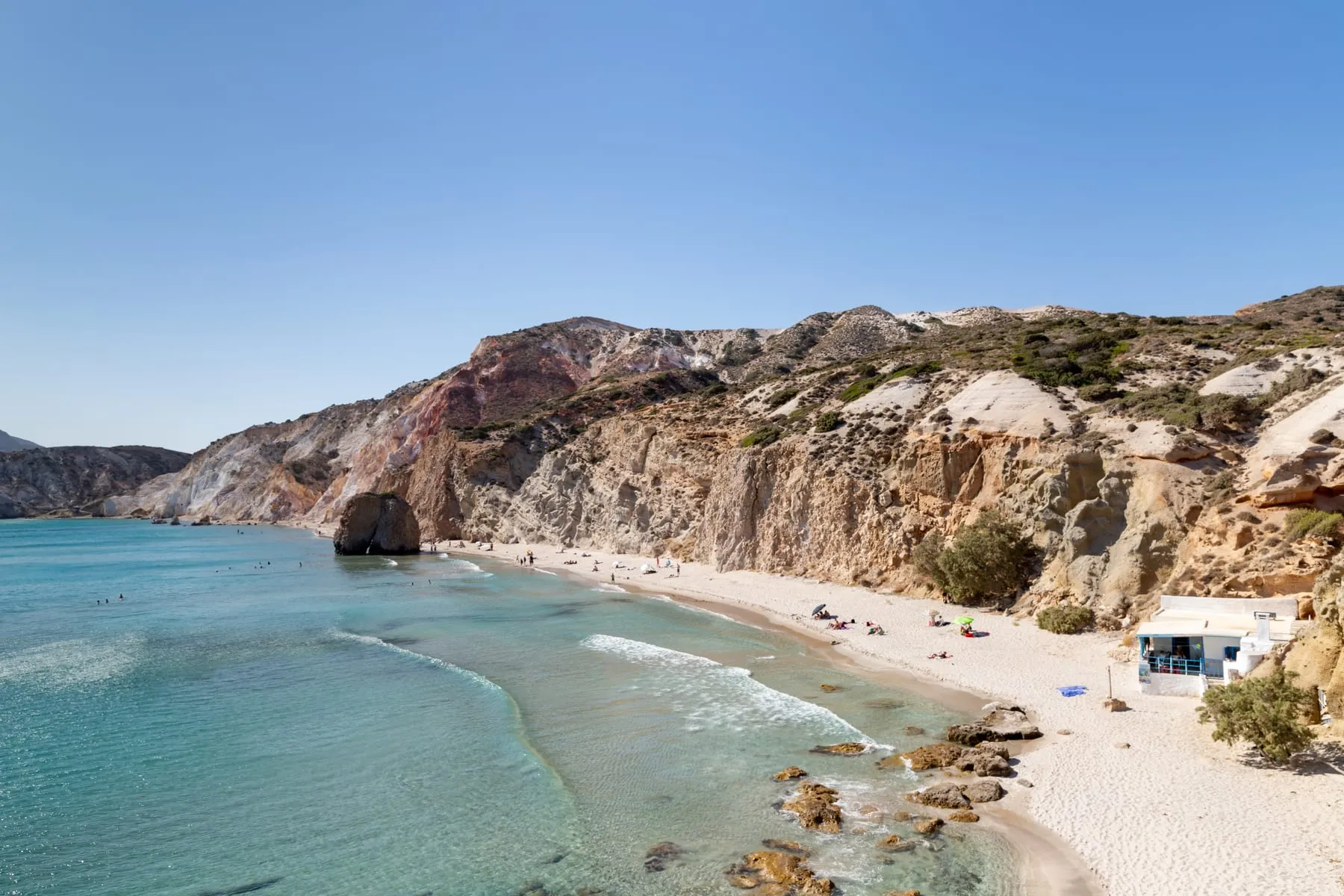 Firiplaka beach on the south coast of Milos, with red and white cliffs behind the sand