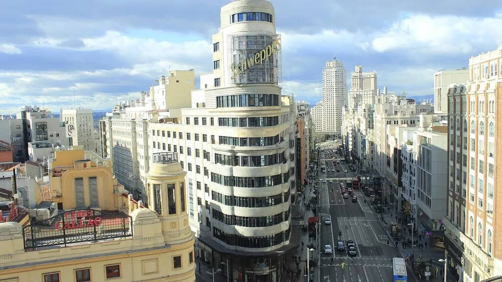 Traffic and historic facades on the Gran Via in central Madrid