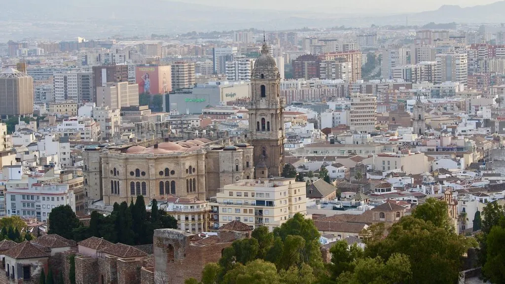 Aerial view of the Malaga coastline and city on the Costa del Sol