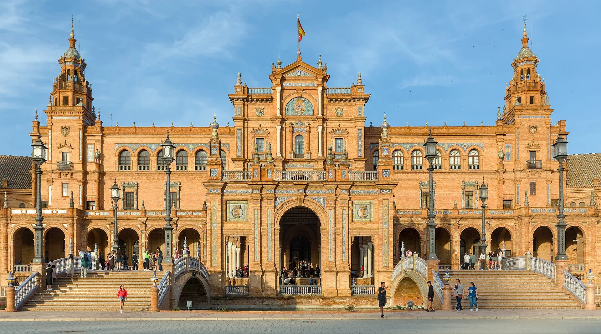 Plaza de Espana in Seville, with its semicircle of tiled bridges and a canal