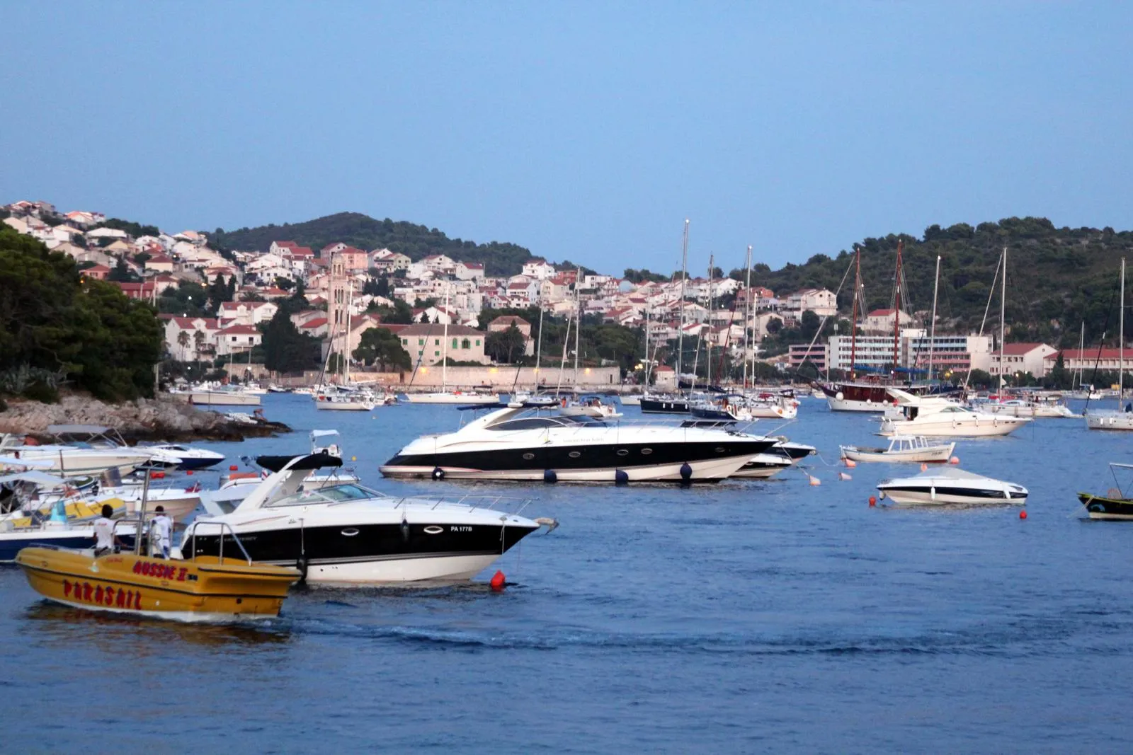 The harbour and red rooftops of Hvar town on the Dalmatian coast, Croatia