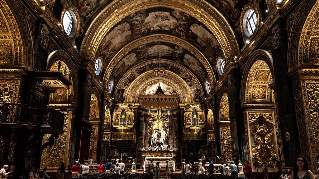 The gilded nave and painted ceiling of St John's Co-Cathedral in Valletta, Malta